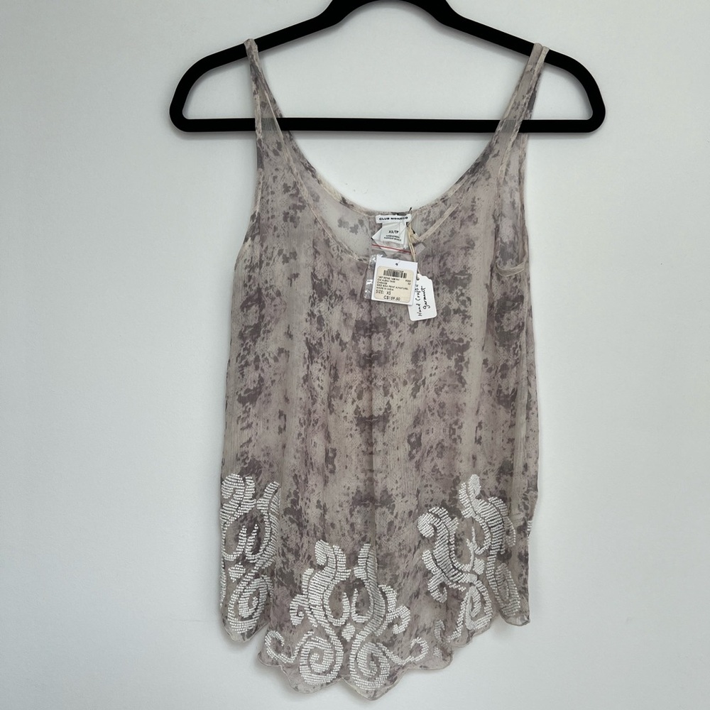 Club Monaco NWT (XS) 100%Silk Hand Made Beaded Geo Boa Print Sleeveless Tank Top